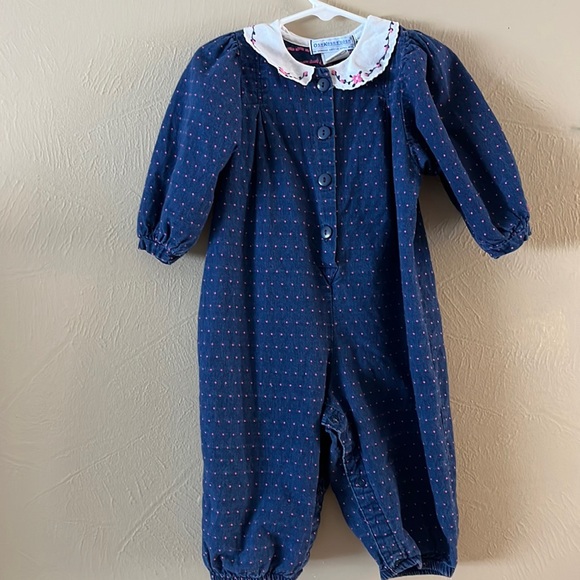 Vintage OshKosh B’gosh Romper Girls 18mo Blue with pink threaded design